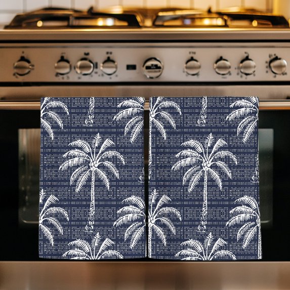 Navy Blue Palm Tree Kitchen Towels Set of 2, Summer Botanical Tropical Tree Absorbent Dish Towels for Kitchen, Microfiber Hand Towel, Quick Drying Tea Towel for Cleaning Decorative Dishcloths