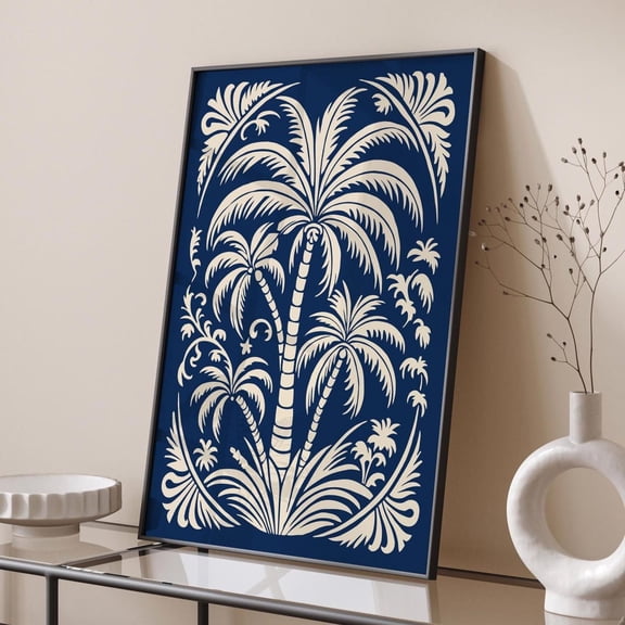 Navy Blue Palm Tree Linocut Style Tropical Wall Art Unframed Paper Print
