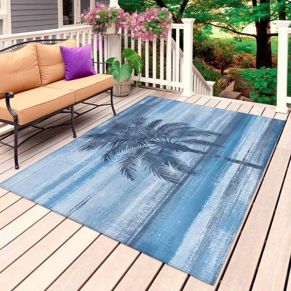 Navy Blue Palm Tree Outdoor Rug for Patio/Deck/Porch, Non-Slip Large Area Rug 5 x 7 Ft, Coastal Tropical Trees Vintage Summer Indoor Outdoor Rugs Washable Area Rugs, Camping Rug Carpet Runner