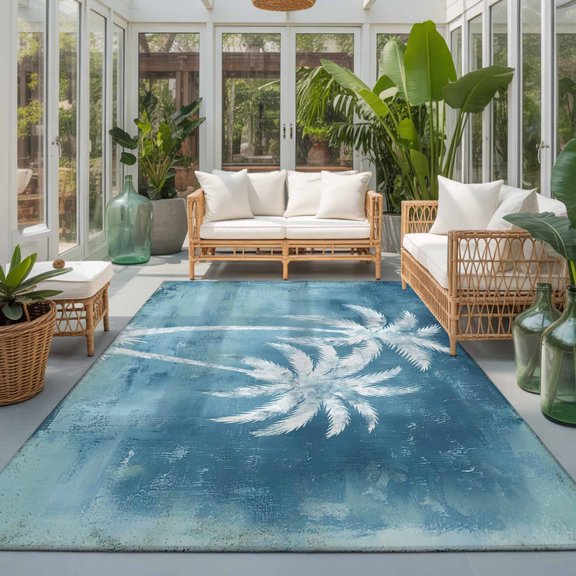 Navy Blue Palm Tree Washable Living Room Rugs 9'x12', Summer Tropical Beach Country Island Tree Leaf Washable Throw Large Area Rug Non-Slip Sturdy Edge Binding Carpet for Bedroom Dining Room Office