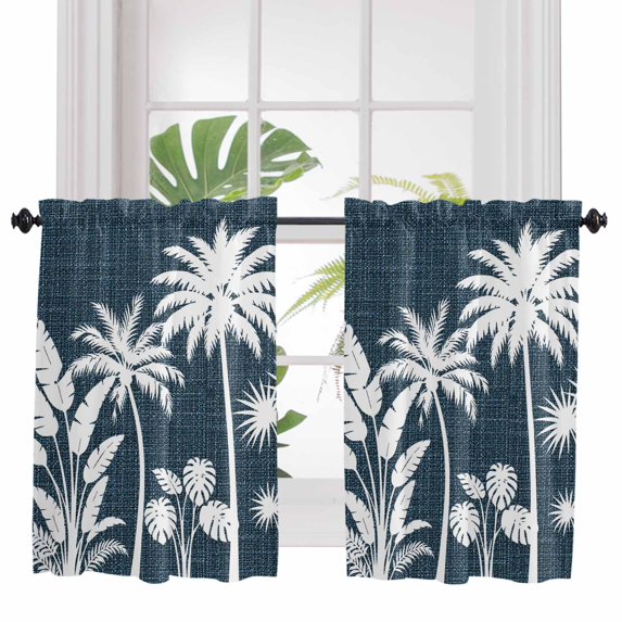 Navy Blue Palm Trees 2 Panel Kitchen Curtains for Windows, Tropical Retro Summer Botanical Bathroom Privacy Curtain, Home Décor Window Treatment for Bedroom/Living Room 55"x45"