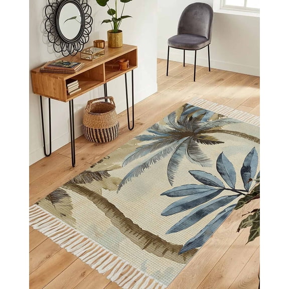 Navy Blue Palm Trees Area Rug 3x5ft Woven Runner Rug,Retro Summer Botanical Watercolor Washable Living Room Hallway Bedroom Kitchen Carpet with Tassels,Indoor Outdoor Throw Door Mat for Entryway