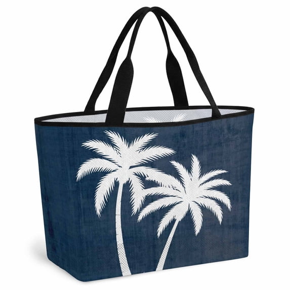 Navy Blue Palm Trees Beach Bag for Women, Large Breathable Mesh Beach Tote Bag, Summer Coastal Tropical Botanical Sandproof Lightweight Travel Bags for Vacation Picnic Swimming Pool 15.7"x15.7"x9.1"