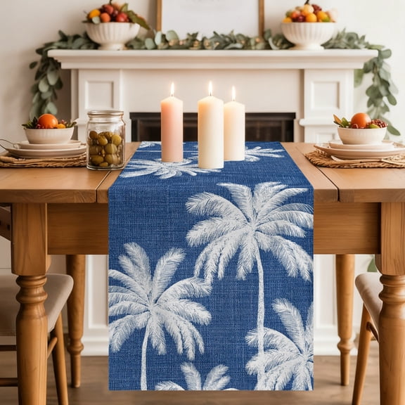 Navy Blue Palm Trees Dining Table Runner, Summer Beach Tropical Farmhouse Washable Table Runners Kitchen Coffee Table Center Decor for Home Party Holiday Wedding 13 x 36 Inches