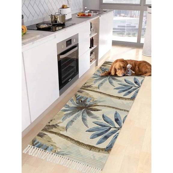 Navy Blue Palm Trees Entryway Runner Rug 2x4ft,Retro Summer Botanical Watercolor Washable Woven Living Room Hallway Bedroom Kitchen Carpet with Tassels,Indoor Outdoor Throw Door Mat for Entryway
