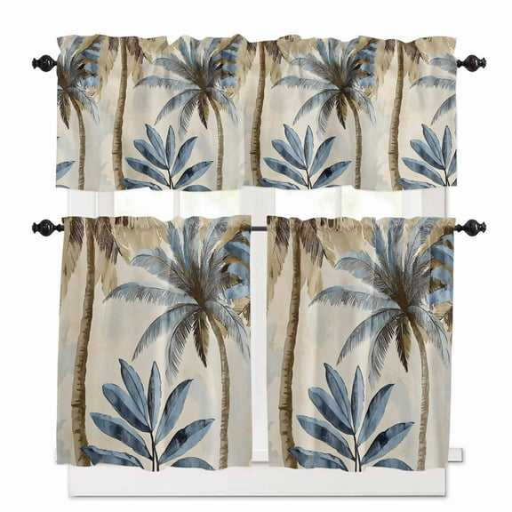 Navy Blue Palm Trees Kitchen Curtains and Valances Set, 3 Piece Kitchen Curtains Set 36 Inch Length, Retro Summer Botanical Watercolor Rod Pocket Curtains Tier Farmhouse Window Curtains