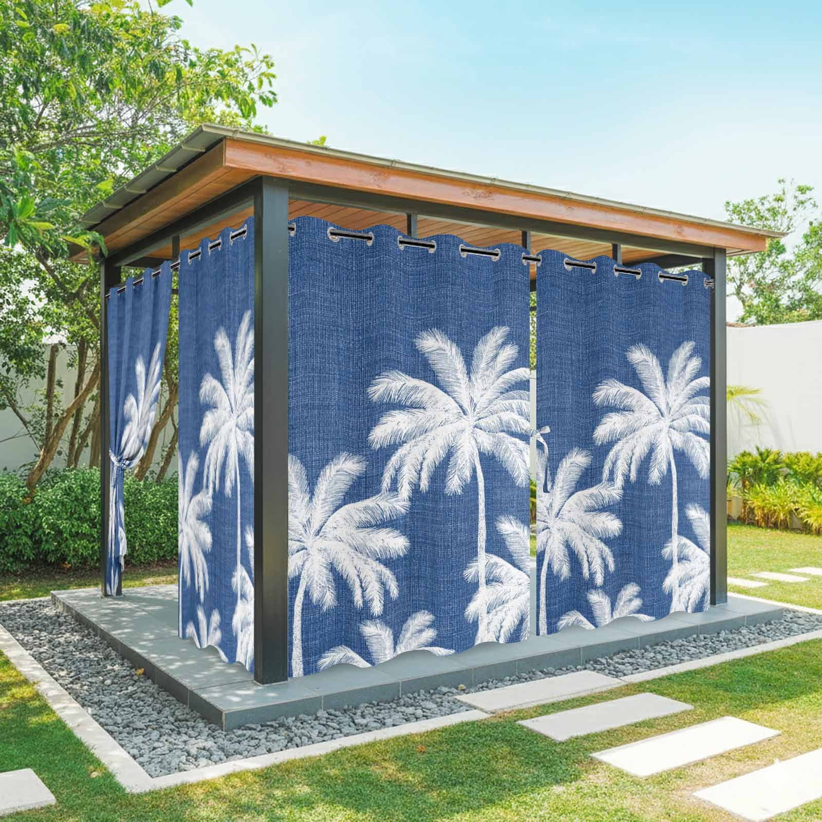 Navy Blue Palm Trees Outdoor Curtains for Patio, Summer Beach Tropical Farmhouse Sunshade Privacy Drapes Grommet Waterproof Outside Curtains for Porch/Cabana/Balcony 54"x 108", 1 Panel