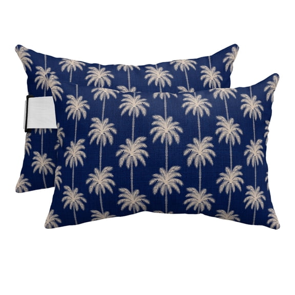 Navy Blue Palm Trees Outdoor Pillows for Chaise Lounge Chair Beach Headrest Pillow Set of 2 Waterproof Lumbar Pillows with Insert&Strap Tropical Summer Botanical Seaside Pool Pillow 12"x20"