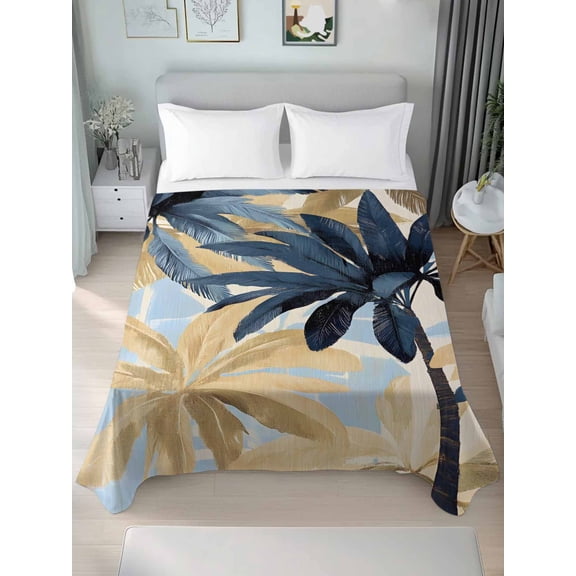 Navy Blue Palm Trees Queen Size Flat Sheet, Wrinkleproof & Fadeproof Cooling Flat Bed Sheet Only, Vintage Summer Botanical Watercolor Breathable Soft Bedding Top Sheets 90 x 102 Inches