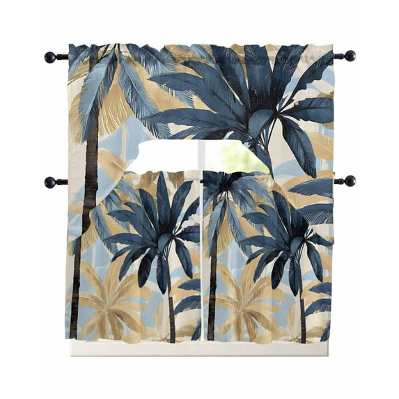 Navy Blue Palm Trees Swag Kitchen Curtains Sets for Windows 24 Inch Length, Vintage Summer Botanical Watercolor Short Window Curtain Panels Swags Valances and Tiers 3 Piece Set for Cafe/Dining Room