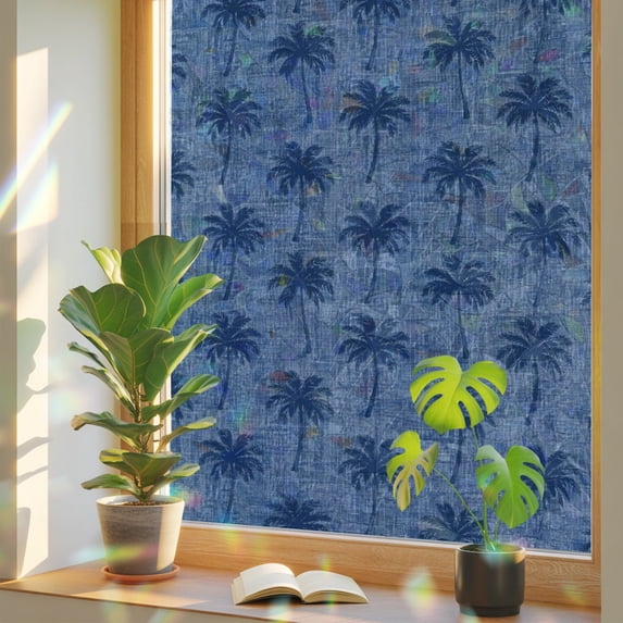 Navy Blue Palm Trees Window Privacy Film Rainbow Static Cling Stain ...