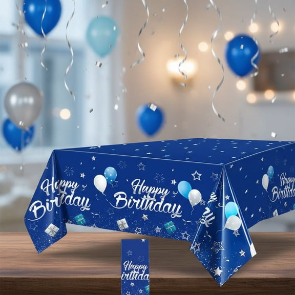 Navy Blue Party Supplies Stars Happy Birthday Tablecloths Starry Confetti Table Covers for Kids Boys Girls Baby Shower Birthday Party Decorations(Navy Blue and Silver,1 Pack)