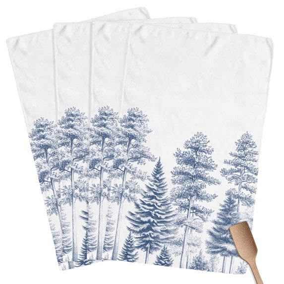 Navy Blue Pastoral Tree Kitchen Towel Dish Cloths Set of 4, Microfiber Soft Kitchen Hand Towels, Vintage Botanical Spring Absorbent Quick Drying Dishcloths 18 x 28 Inches