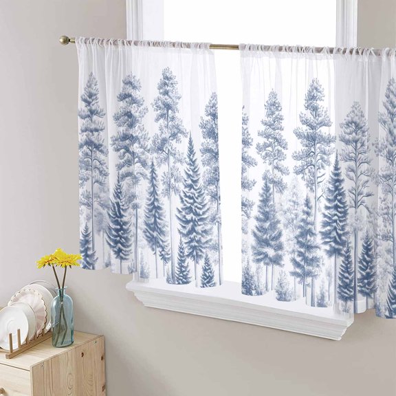 Navy Blue Pastoral Tree Sheer Curtains 45 Inch Length 2 Panels Set for Living Room/Bedroom, Vintage Botanical Spring Semi Curtain Sheers Drapes Rod Pocket Curtains Window Treatment Set 52''x45''x2