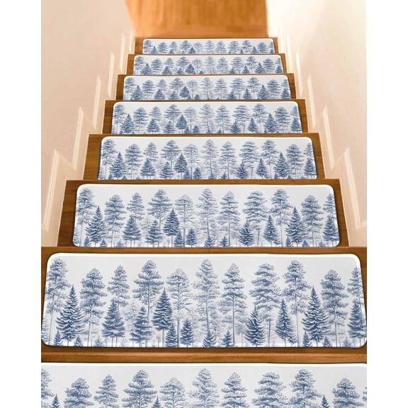 Navy Blue Pastoral Tree Stair Treads for Wooden Steps Indoor Runner Rug Carpet, Vintage Botanical Spring 7 Pieces Peel and Stick Staircase Step Treads Covers Washable Throw Door Mats, 30"x8"