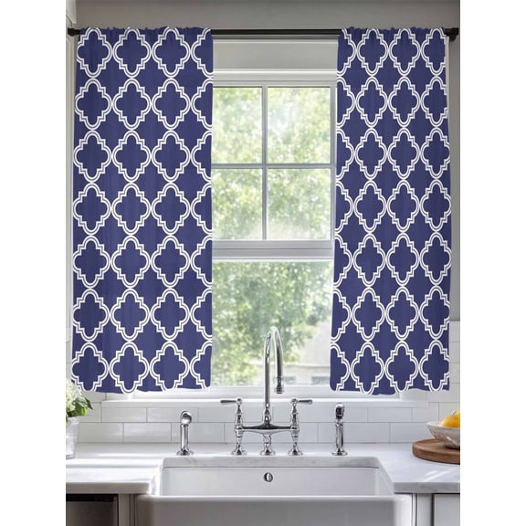 Navy Blue Pattern Retro Morocco Sheer Curtains 2 Panels Set Abstract Geometric Lihgt Filtering Rod Pocket Voile Drape,Semi Sheer Window Curtains for Bedroom Living Room,52"x72"