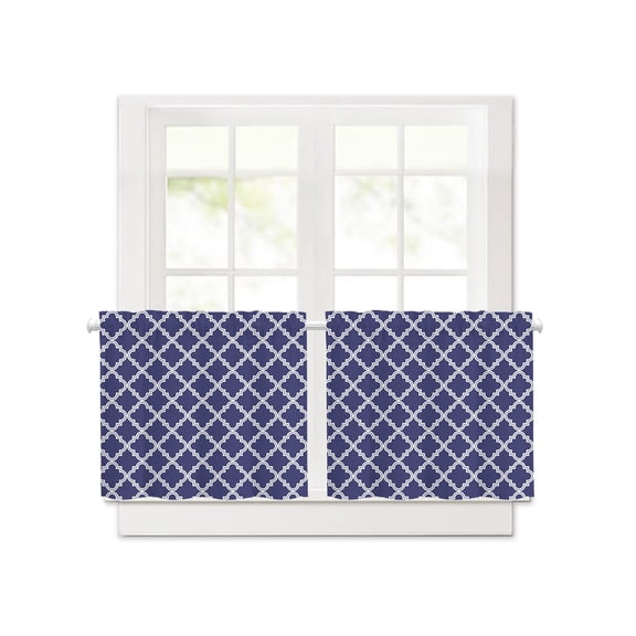 Navy Blue Pattern Retro Morocco Short Blackout Curtains 30 Inch Long,Abstract Geometric Rod Pocket Kitchen Curtains,2 Panels Thermal Insulated Room Darkening Drapes for Bedroom,30"W x 30"L