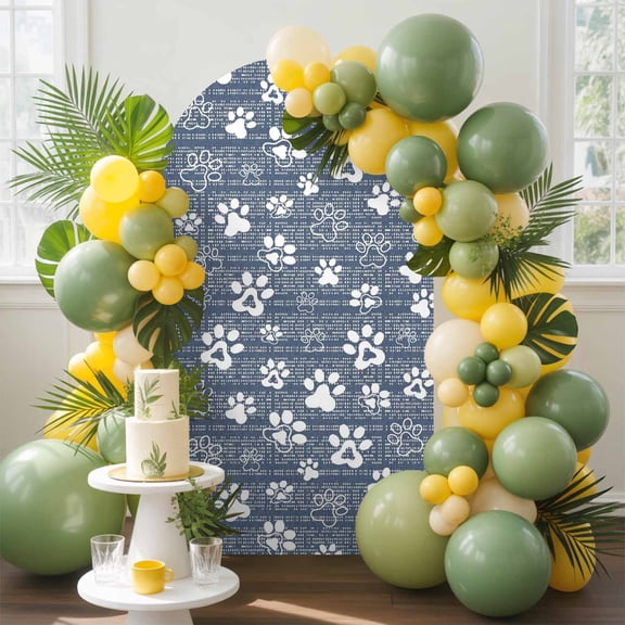 Navy Blue Paw Print Arch Backdrop Cover, 4FT, Modern Classic Blue White Animal Large Paw Pattern Plaid Spandex Arch Covers Double-Sided Backdrop for Wedding Birthday Party Photo Background Decoration