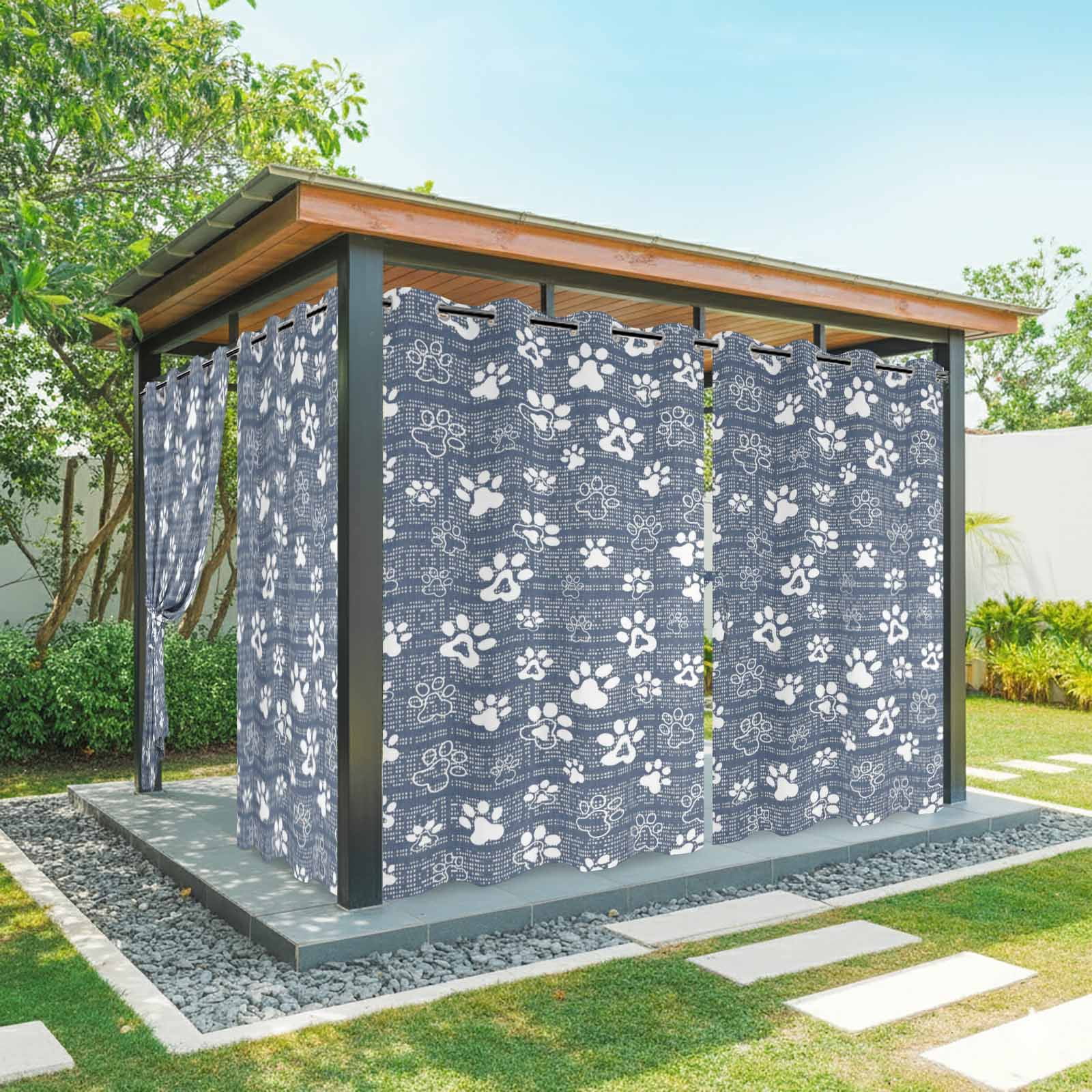 Navy Blue Paw Print Outdoor Curtains for Patio, Modern Classic Blue White Animal Large Paw Pattern Plaid Sunshade Privacy Drapes Grommet Waterproof Outside Curtains for Porch 54"x108", 1 Panel