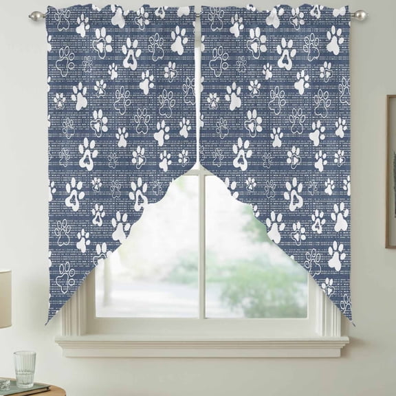 Navy Blue Paw Print Swag Kitchen Curtain Valances, Modern Classic Blue White Animal Large Paw Pattern Plaid Rod Pocket Curtains Window Treatment Decor Valances for Bedroom, 2 Panels 36x36 Inch