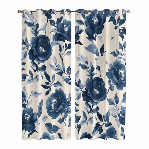 Navy Blue Peony Kitchen Curtains 84 Inch Length, Retro Floral Botanical Blossom Grommet Top Bedroom Living Room Curtains, Light Filtering Cafe Curtain Drapes 2 Panels Set 84''x84''