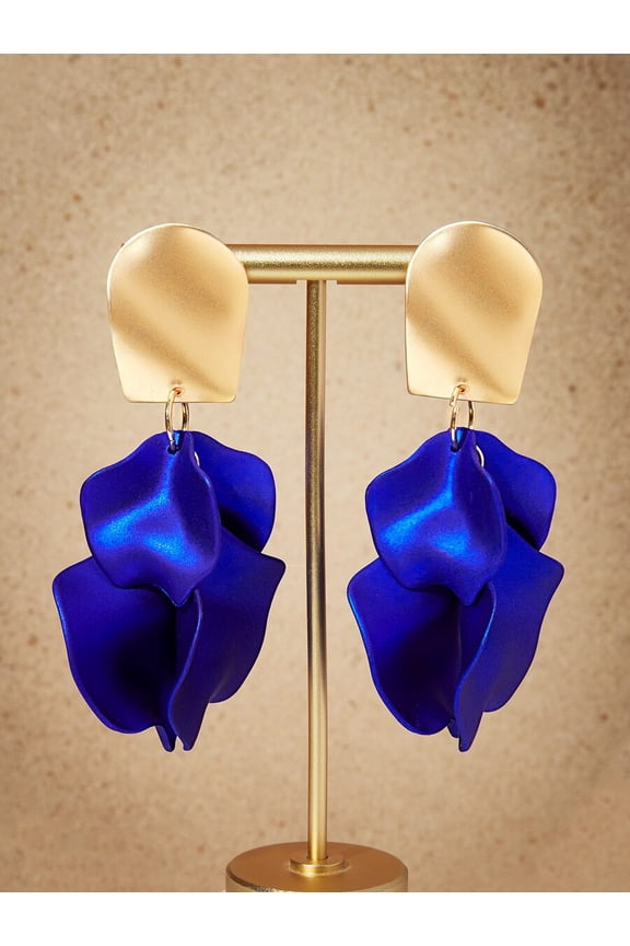 Navy Blue Petal-Shape Drop Earrings With Goldtone Studs