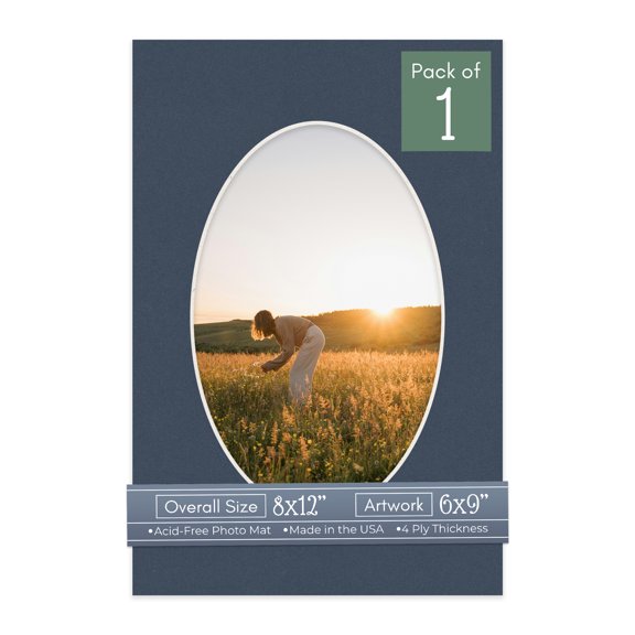 Navy Blue Picture Frame Mat for 8x12 Frames - Oval Opening for 6x9 Photos - 1 Mat