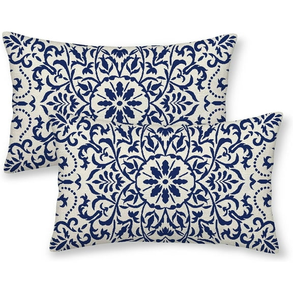 Navy Blue Pillow Covers 12x20 Set of 2, Boho Ethnic Carpet Pattern Design Outdoor Throw Pillows Linen Blue Print Farmhouse Cushion Covers for Sofa Couch Home Decor