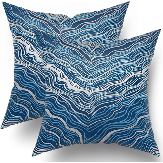 Navy Blue Pillow Covers 16x16 Inch Marble Silver Abstract Striped Throw Pillow Cases Elegant Comfort Luxury Modern Decor for Home Bedroom Living Room Sofa Square Cushion Cover, Set of 2