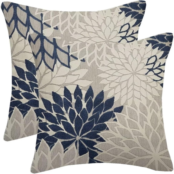 Navy Blue Pillow Covers 16x16 Inch Set of 2 Rustic Navy Blue White Dahlia Floral Decorative Throw Pillows Farmhouse Geometric Flower Decor Cushion Cover for Home Sofa Bedroom Outdoor