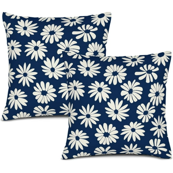 Navy Blue Pillow Covers 18X18 Inch White Floral Daisy Geometry Decorative Couch Pillow Cases Spring Summer Flower Throw Pillows Set of 2 Farmhouse Home Decor for Room Porch Patio Couch Outdoor