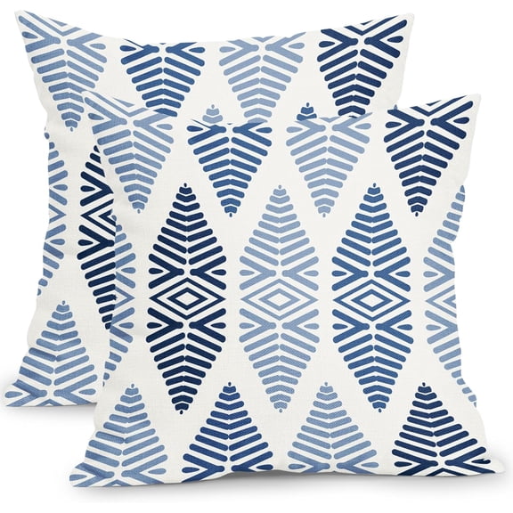 Navy Blue Pillow Covers 18x18 Inch Blue and White Boho Decorative Throw Pillow Covers Bohemian Geometric Outdoor Pillowcases Cotton Linen Cushion Covers for Couch Sofa Bed Decor (Pack of 2)