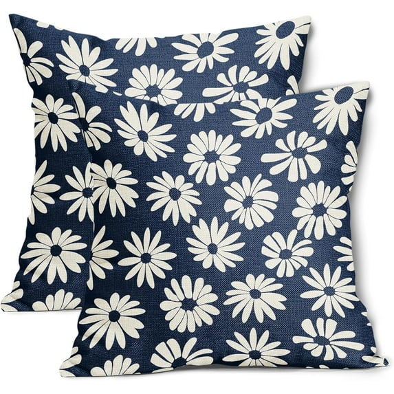 Navy Blue Pillow Covers 20X20 Inch White Floral Daisy Geometry Decorative Couch Pillow Cases Spring Summer Flower Throw Pillows Set of 2 Farmhouse Home Decor for Room Porch Patio Couch Outdoor