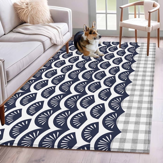 Navy Blue Pine Leaves Area Rug 4'x6', Abstract Art Geometric Gray Plaid Washable Non-Slip Rugs, Low Pile Large Carpet for Living Room Bedroom Dining Room Kitchen Office Indoor Mat
