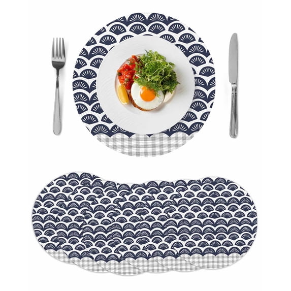Navy Blue Pine Leaves Round 13 Inch Placemats Set of 6, Abstract Art Geometric Gray Plaid HeatResistant Non Slip Place Mats for Dining Table, Wipeable Braided Kitchen Table Mats for Housewarming