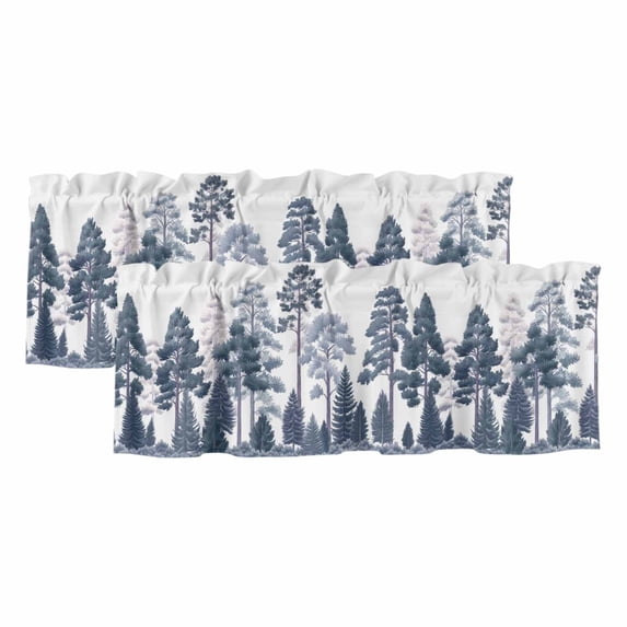 Navy Blue Pine Tree Curtain Valances for Windows, Kitchen Valance Window Treatments Panel 2 Pack, Spring Botanical Watercolor Rod Pocket Short Curtains for Bathroom Bedroom 42 x 12 Inch
