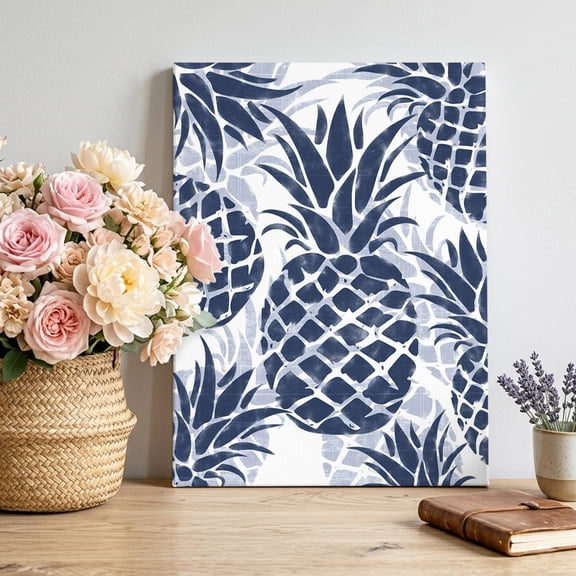 Navy Blue Pineapple Canvas Wall Art for Living Room, Summer Country Vintage Tropical Botanical Fruits Poster Print Painting for Bedroom Office Home Decoration Wall Pictures Prepare To Hang 24"x32"