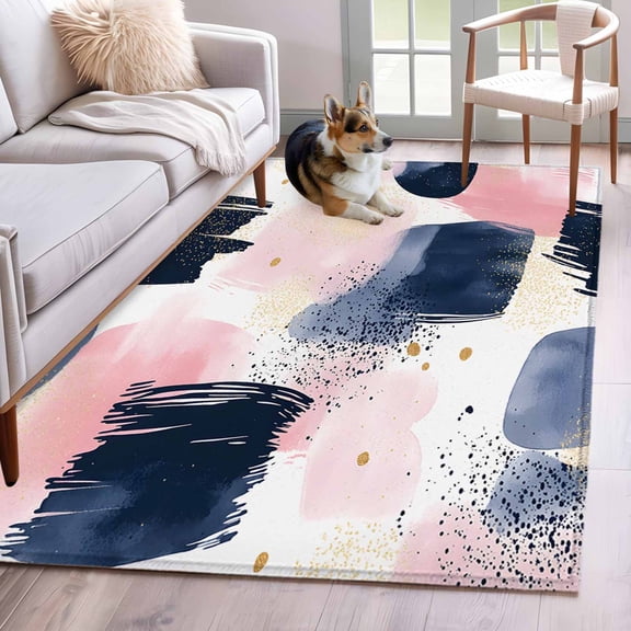 Navy Blue Pink Art Area Rug 3x5 Washable Rug Non Slip Abstract Contemporary Luxury Large Area Rug Indoor Floor Carpet for Entryway Bedroom Kitchen Living Room Home Office Dining Room Nursery