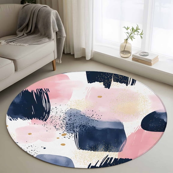 Navy Blue Pink Art Round Rug 4ft Washable Circle Entryway Rugs Non Slip Abstract Contemporary Luxury Area Rug Indoor Floor Carpet for Bedroom Kitchen Living Room Home Office Dining Room Nursery