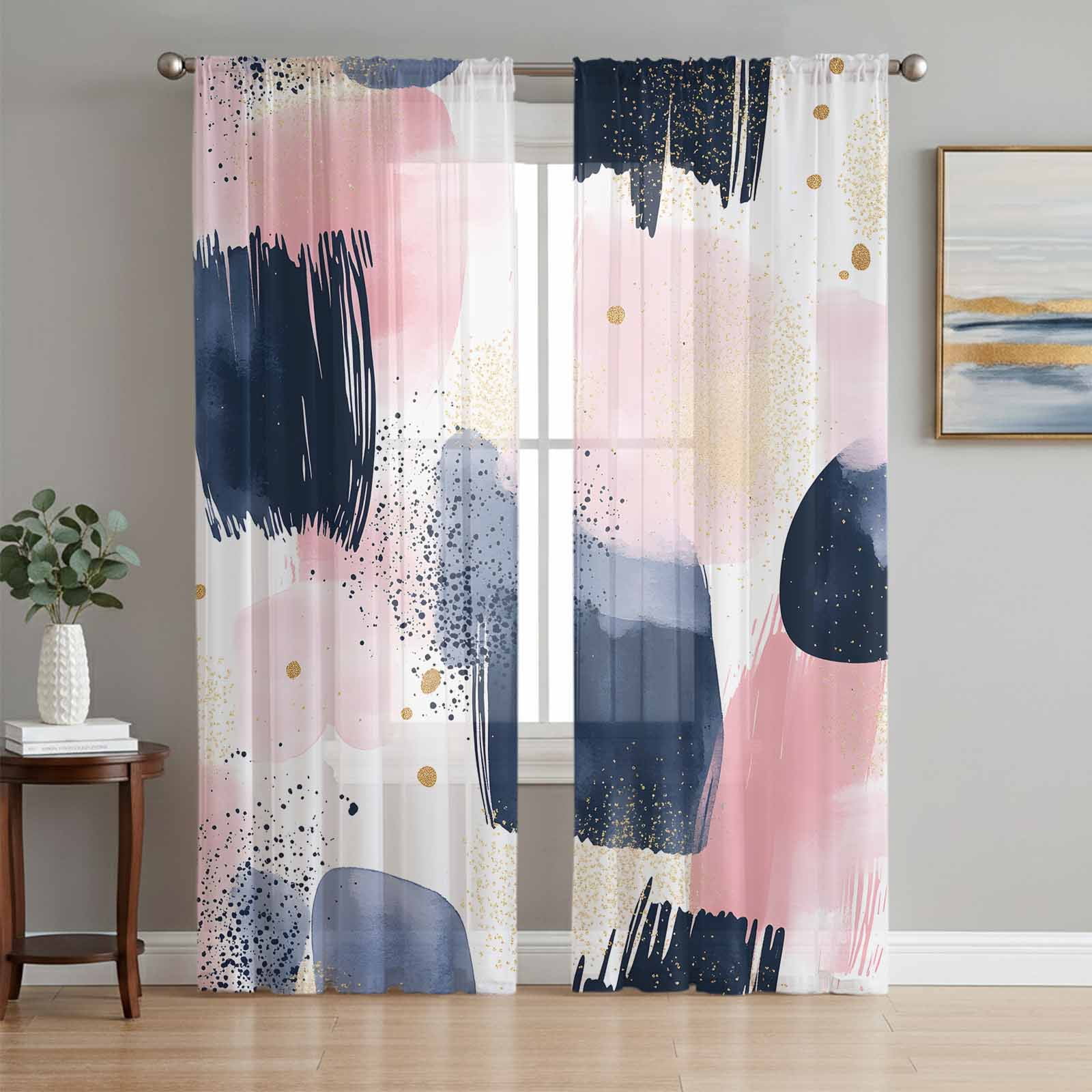 Navy Blue Pink Art Sheer Curtains 96 Inch Length 2 Panels Set, Abstract
