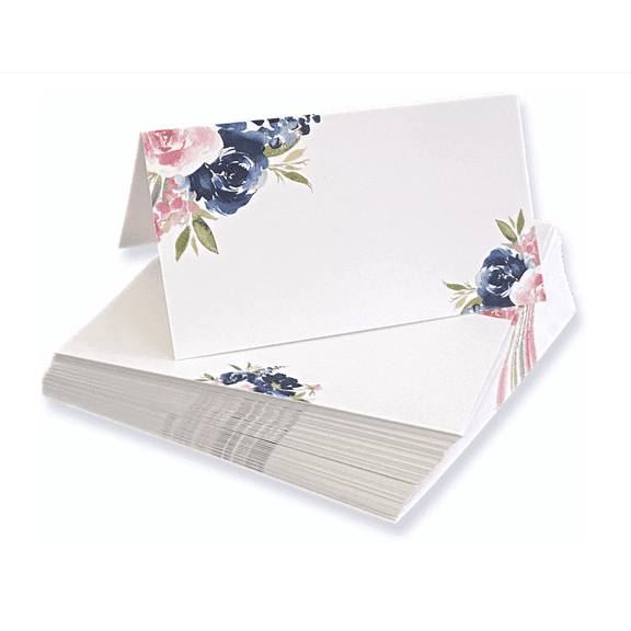 Navy Blue & Pink Blush Floral Watercolor Place Cards (set of 25), Blank Tented Table Cards for Weddings, Dinner Parties, Cocktail Parties, and Buffets, 2 x 3.5, Scored for Folding.