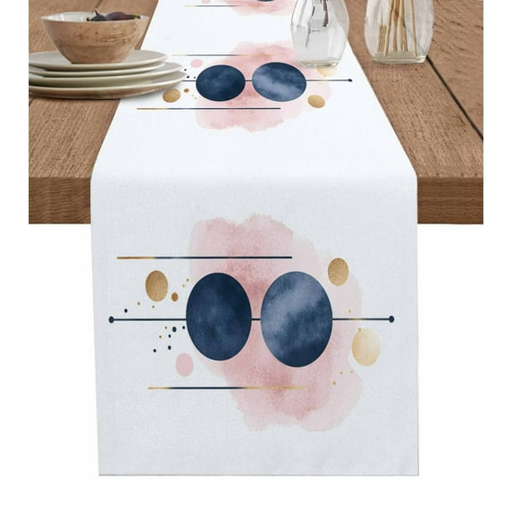 Navy Blue Pink Geometric Table Runner 48 Inches, Yellow Modern Abstract Art Bed Runner Dresser Scarves Tabletop for Indoor Outdoor Parties/Ceremony/Banquet, 13" x 48"