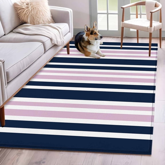 Navy Blue Pink Striped Area Rug 3x5 FT, Non Slip Entryway Bedside Carpet, Modern Minimalist Ombre Lines Washable Soft Floor Carpet Indoor Mat Non-Shedding Throw Rugs for Dorm Kitchen Home Office