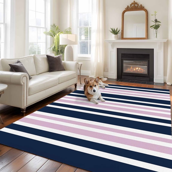 Navy Blue Pink Striped Area Rug 5x7 FT, Non Slip Bedroom Throw Carpet, Modern Minimalist Ombre Lines Washable Soft Floor Carpet Non-Shedding Rug for Dining Room Bedside Classroom Desk