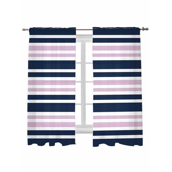 Navy Blue Pink Striped Curtains 63 Inch Length, Sheer Curtains for Bedroom Living Room Window Gradient Horizontal Lines Rod Pocket Voile Drapes Kitchen Curtains Small Half Window 42"x63" 2 Panels