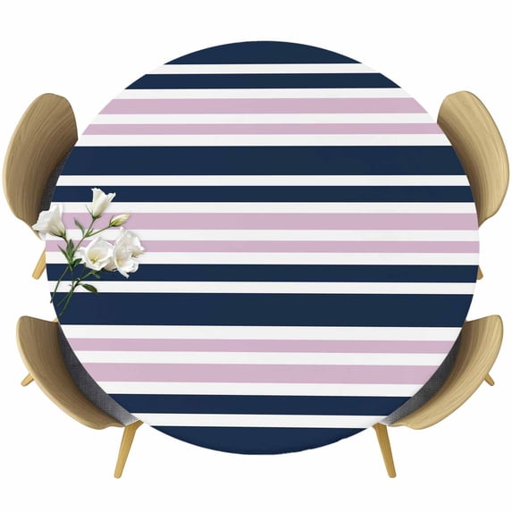 Navy Blue Pink Striped Round Tablecloth, Fitted Table Cover with Elastic for 55"-60" Round Tables, Gradient Horizontal Lines Table Cloth Outdoor Indoor Dinning Party Waterproof Tablecloths