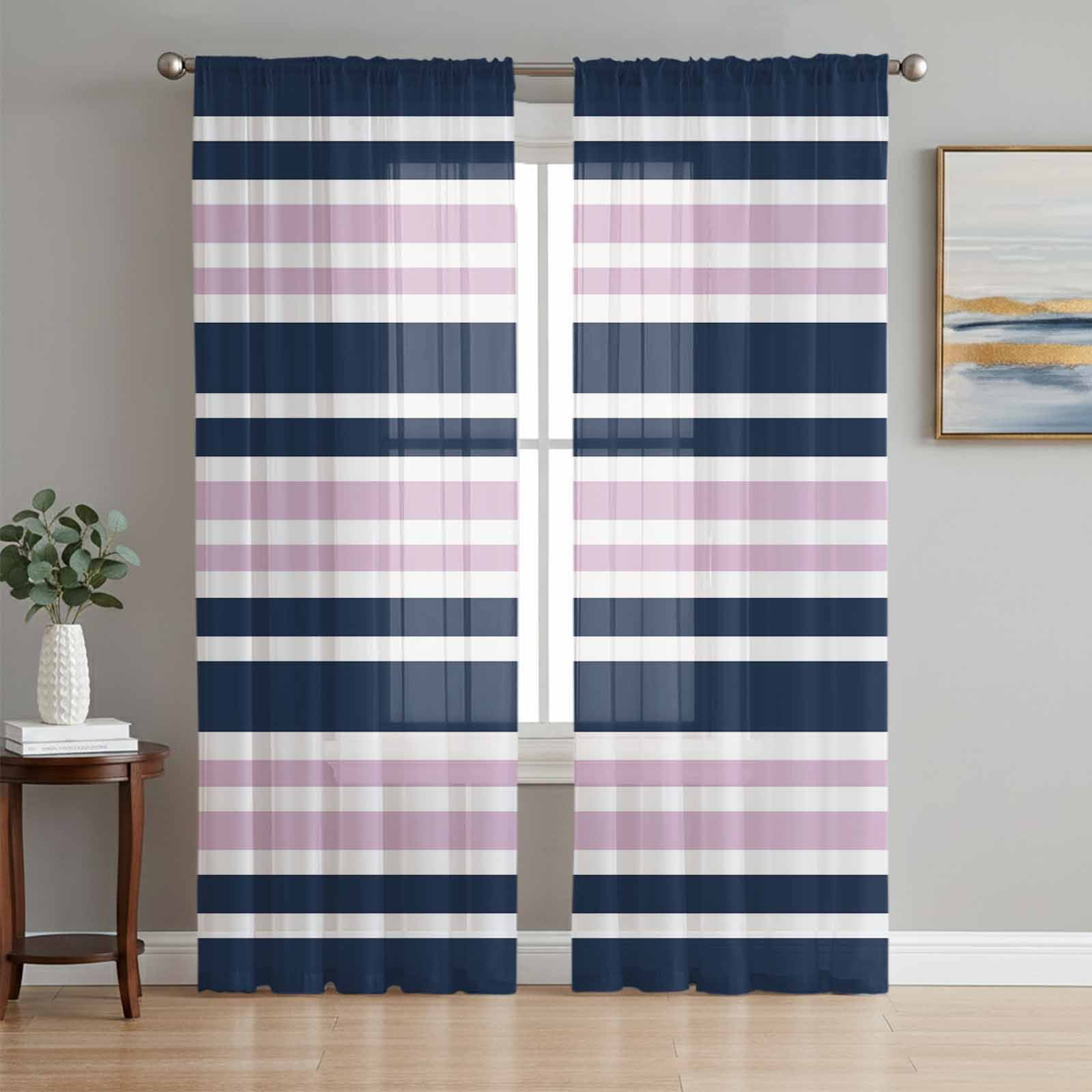 Navy Blue Pink Striped Sheer Curtains 96 Inch Length 2 Panels Set