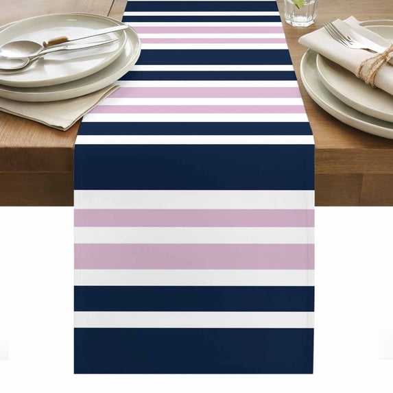 Navy Blue Pink Striped Table Runner - 70 Inch Long, Kitchen Dining Table Runner Dresser Scarves, Modern Minimalist Ombre Lines Farmhouse Decor for Coffee Tables Wedding Party Banquet