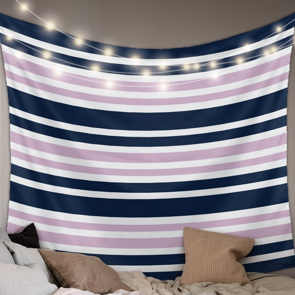 Navy Blue Pink Striped Tapestry for Bedroom Wall Hanging Tapestry, Gradient Horizontal Lines Ceiling Backdrop Tapestries Poster Blanket Wall Decor for Teens Room Living Room Dorm 59" x 79"