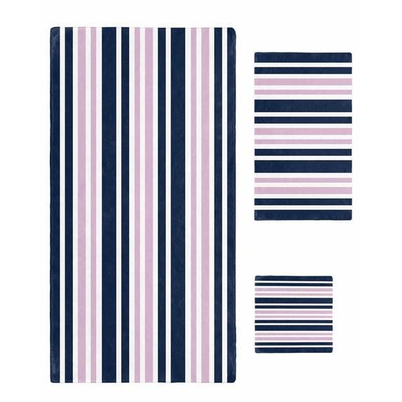 Navy Blue Pink Striped Towel Set of 3, Soft Microfiber Bath Towels, Hand Towel, Washcloths, Gradient Horizontal Lines Quick-Dry Absorbent Towels for Bathroom Kitchen Hotel Beach Gym Spa